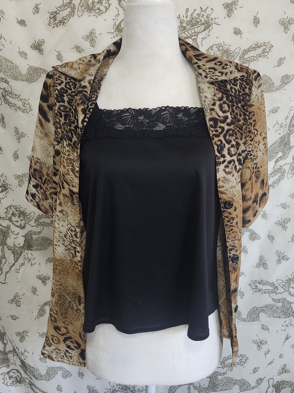 Vintage Gloria Lance Leopard Print Mock Layered Blouse W/ Shoulder Pads P-Small